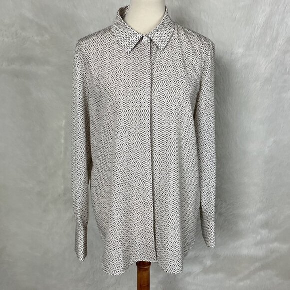 Lafayette 148 Black & White Scottie Dot Print Button Up Shirt Blouse L - Picture 1 of 10